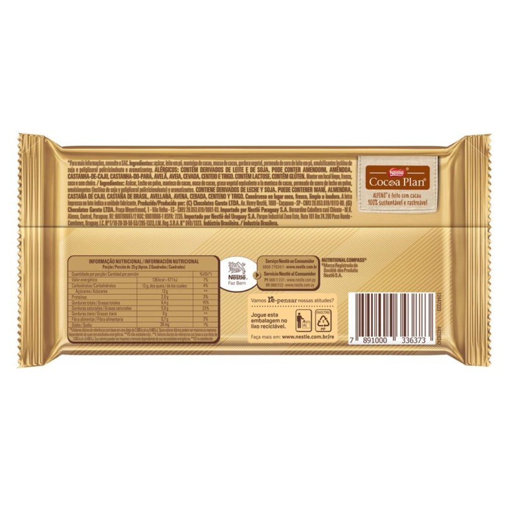 Chocolate Nestlé Alpino Tablete 85g - Embalagem com 14 Unidades