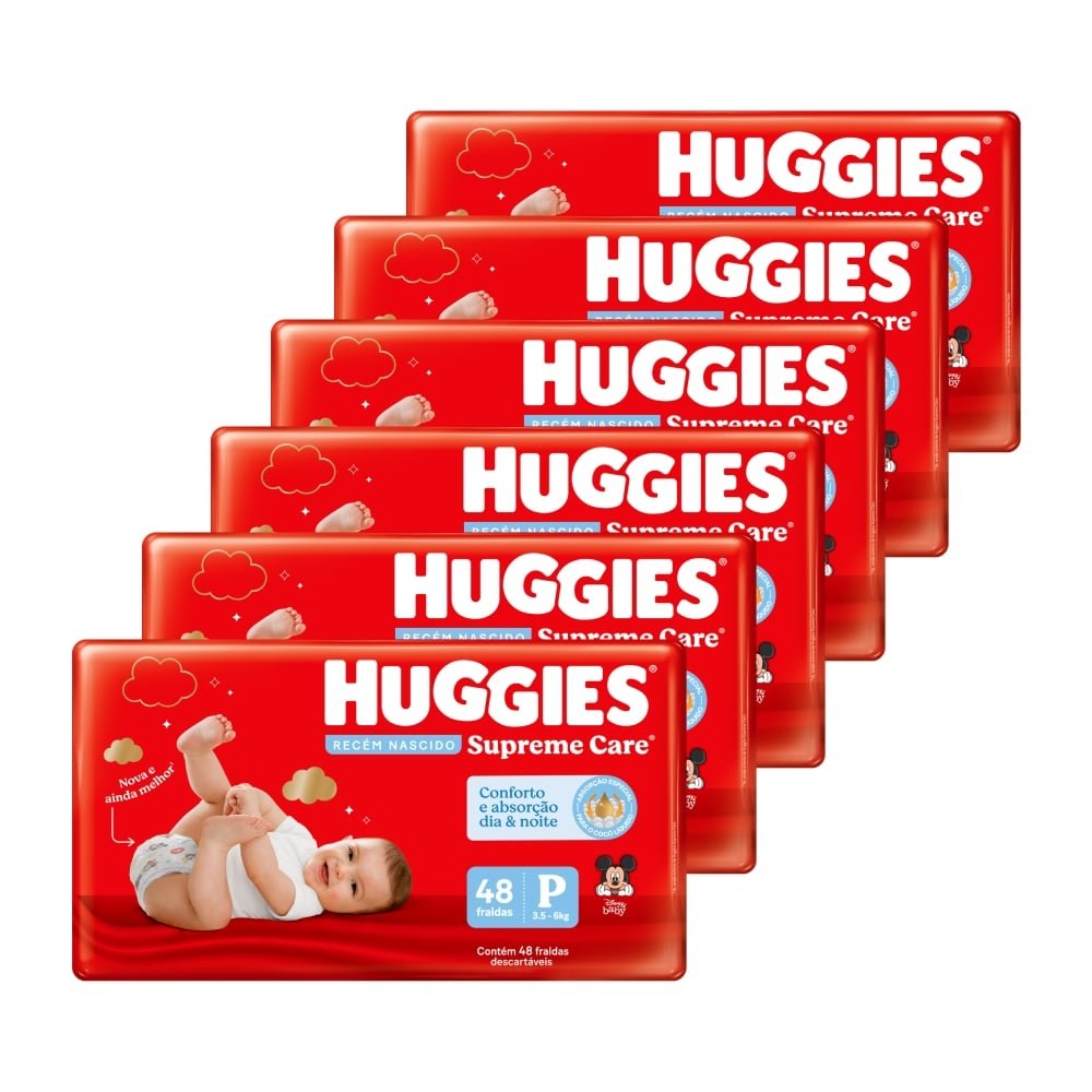 Fralda Descartável Huggies Máxima Proteção Tamanho P - 6 Pacotes com 48 Fraldas - Total 288 Tiras