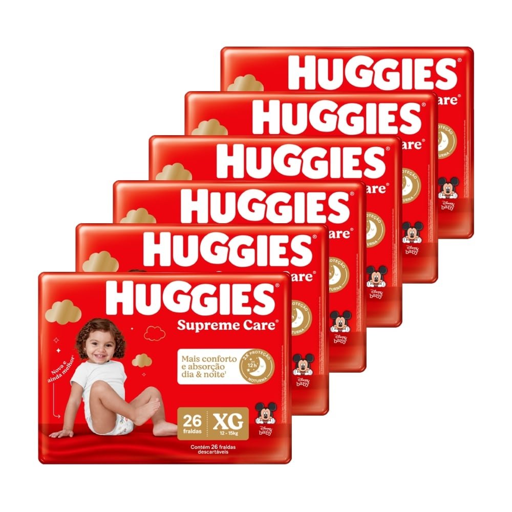 Fralda Descartável Huggies Supreme Care Tamanho XG - 6 Pacotes com 26 Fraldas - Total 156 Tiras