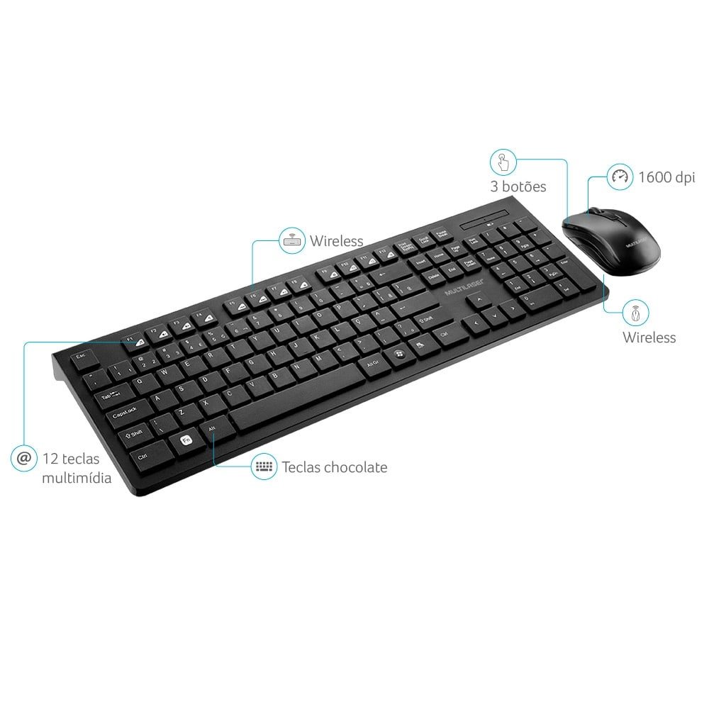 Teclado e Mouse Multilaser TC212, Sem fio, USB e Preto
