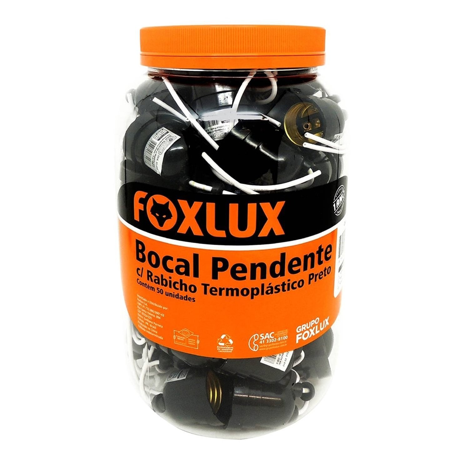 Soquete Pendente Foxlux com Rabicho Nylon Preto Pote- Embalagem com 50 Unidades