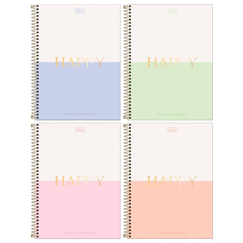 Caderno Espiral Tilibra Universitário Capa Dura Happy 10 Matérias 160 Folhas - Embalagem com 4 Unidades (Sortidos)