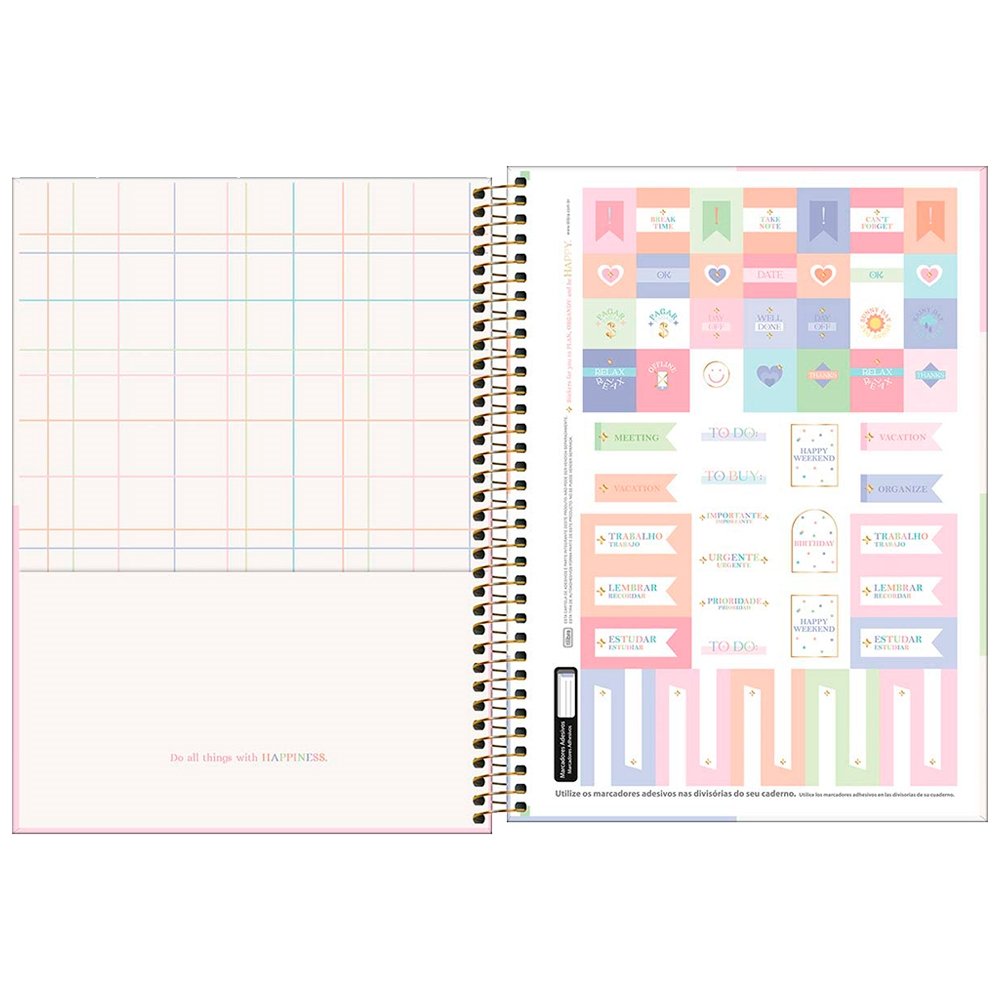 Caderno Espiral Tilibra Universitário Capa Dura Happy 10 Matérias 160 Folhas - Embalagem com 4 Unidades (Sortidos)