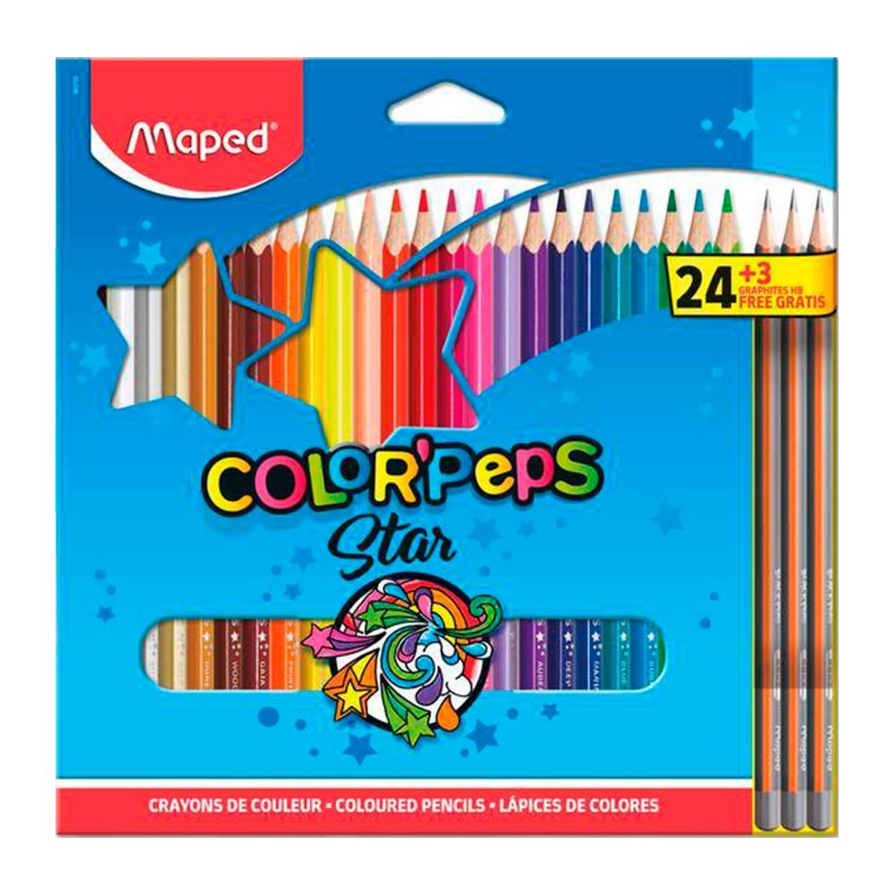 Lápis de Cor Maped Color Peps 24 Cores + 3 Lápis Grafite Grátis - 6 Embalagens com 24 Unidades