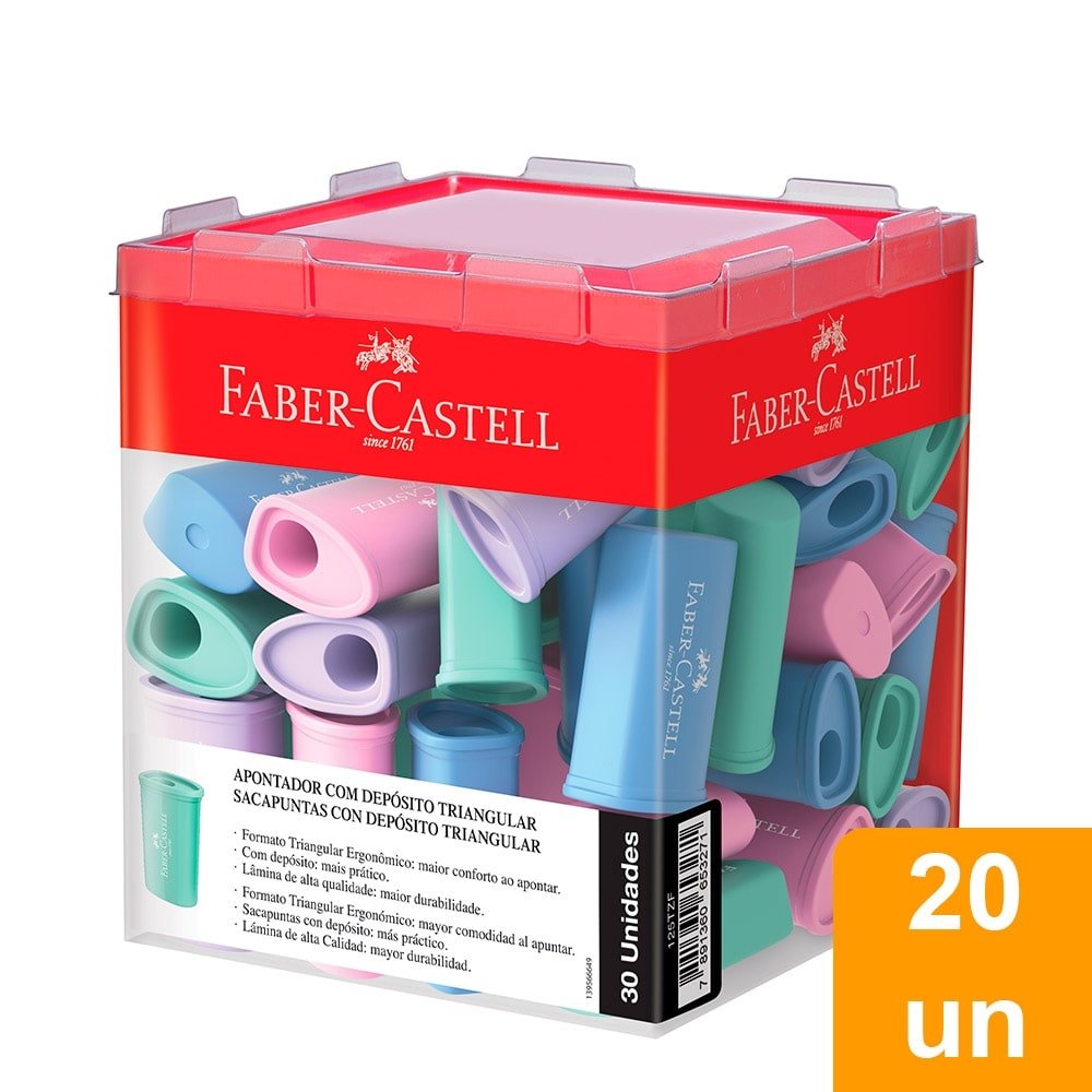 Apontador Faber Castell com Depósito Triangular Tons Pastéis Embalagem com 30 Unidades