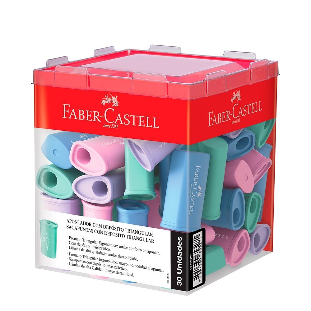 Apontador Faber Castell com Depósito Triangular Tons Pastéis Embalagem com 30 Unidades