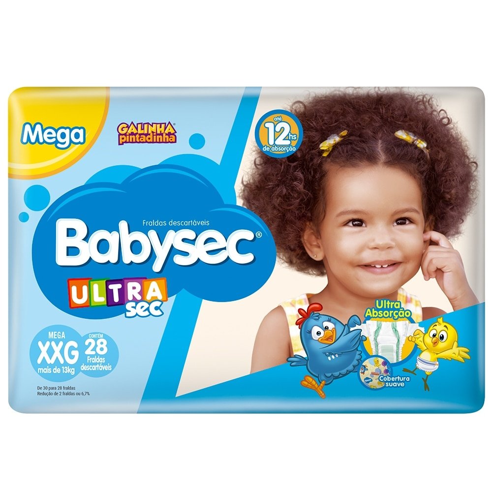 Fralda Descartável Babysec Ultra Mega Galinha Pintadinha Tamanho XXG - 6 Pacotes com 28 Fraldas - Total 168 Tiras