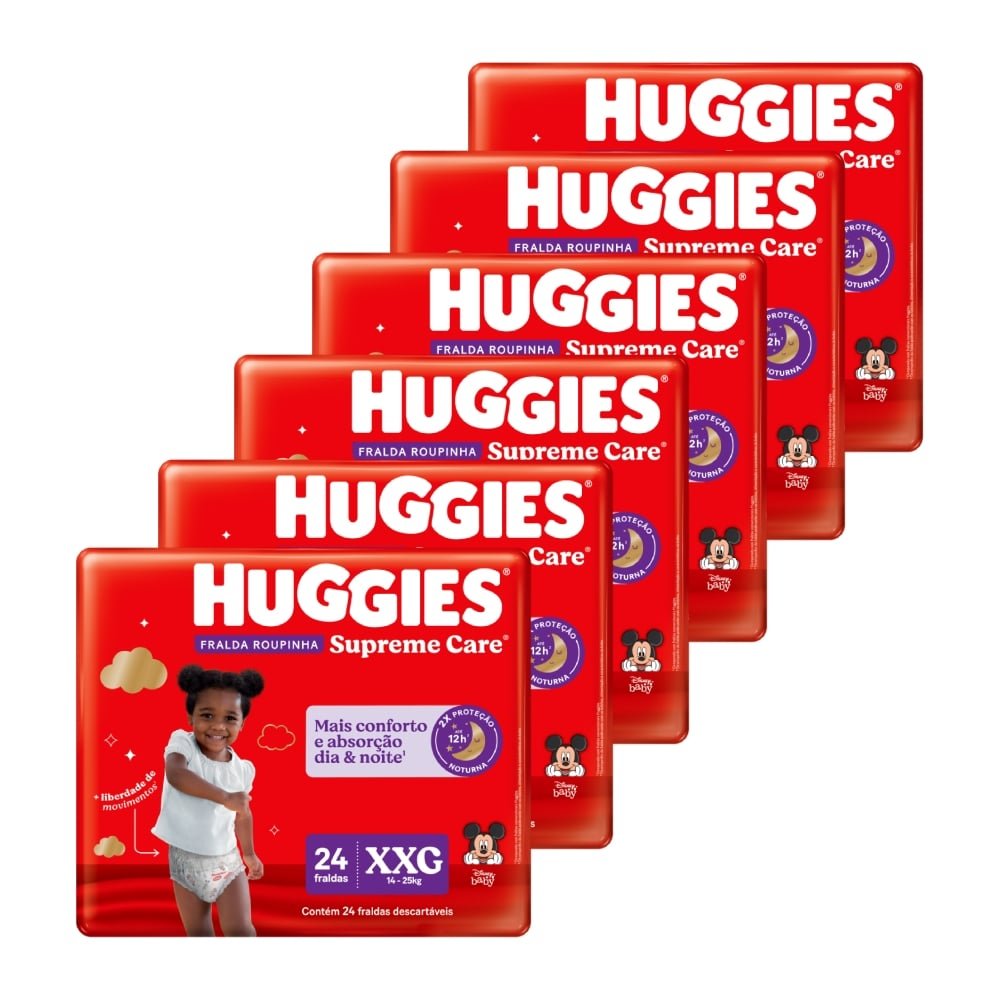 Fralda Descartável Huggies Disney Roupinha Supreme Tamanho XXG - 6 Pacotes com 24 Fraldas - Total 144 Tiras