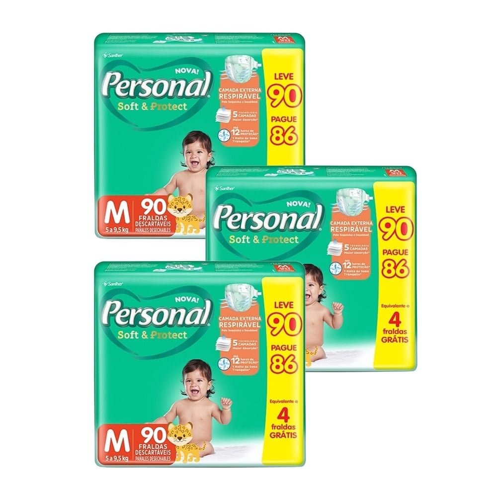 Fralda Descartável Personal Soft & Protect Hiper Tamanho M - 3 Pacotes com 90 Fraldas - Total 270 Tiras