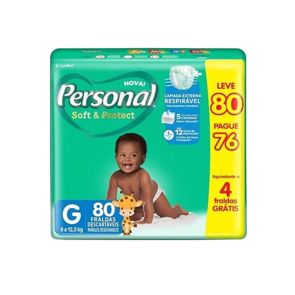 Fralda Descartável Personal Soft & Protect Tamanho G - 3 Pacotes com 80 Fraldas - Total 240 Tiras
