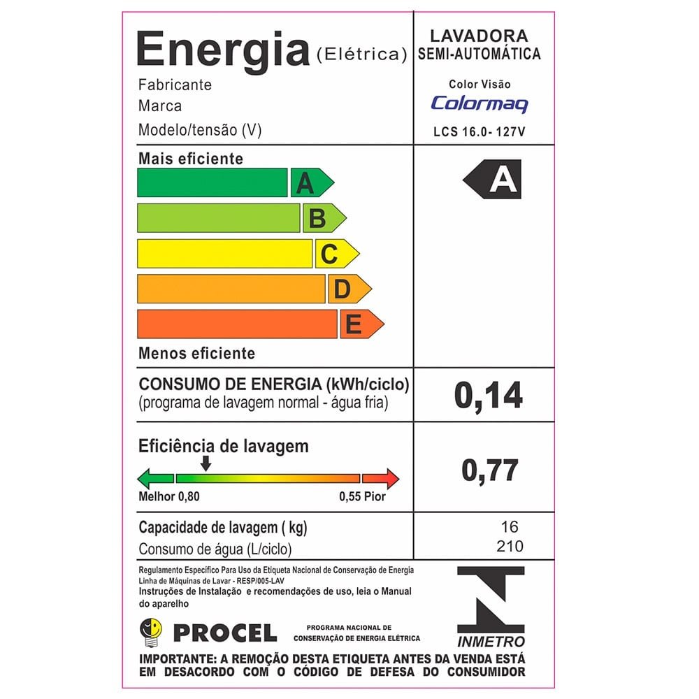 Tanquinho/Máquina de Lavar Roupas Semi-automática 16Kg Colormaq, LCS, Branca, 110V