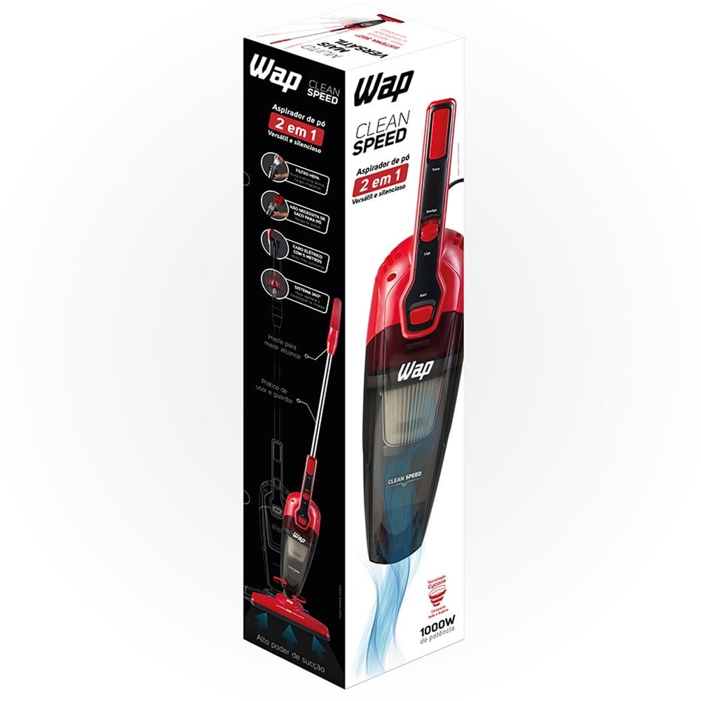 Aspirador de Pó Vertical Wap Clean Speed, 2 em 1 | 1000W, Filtro Lavável, Portátil, com Fio, Vermelho, 110V