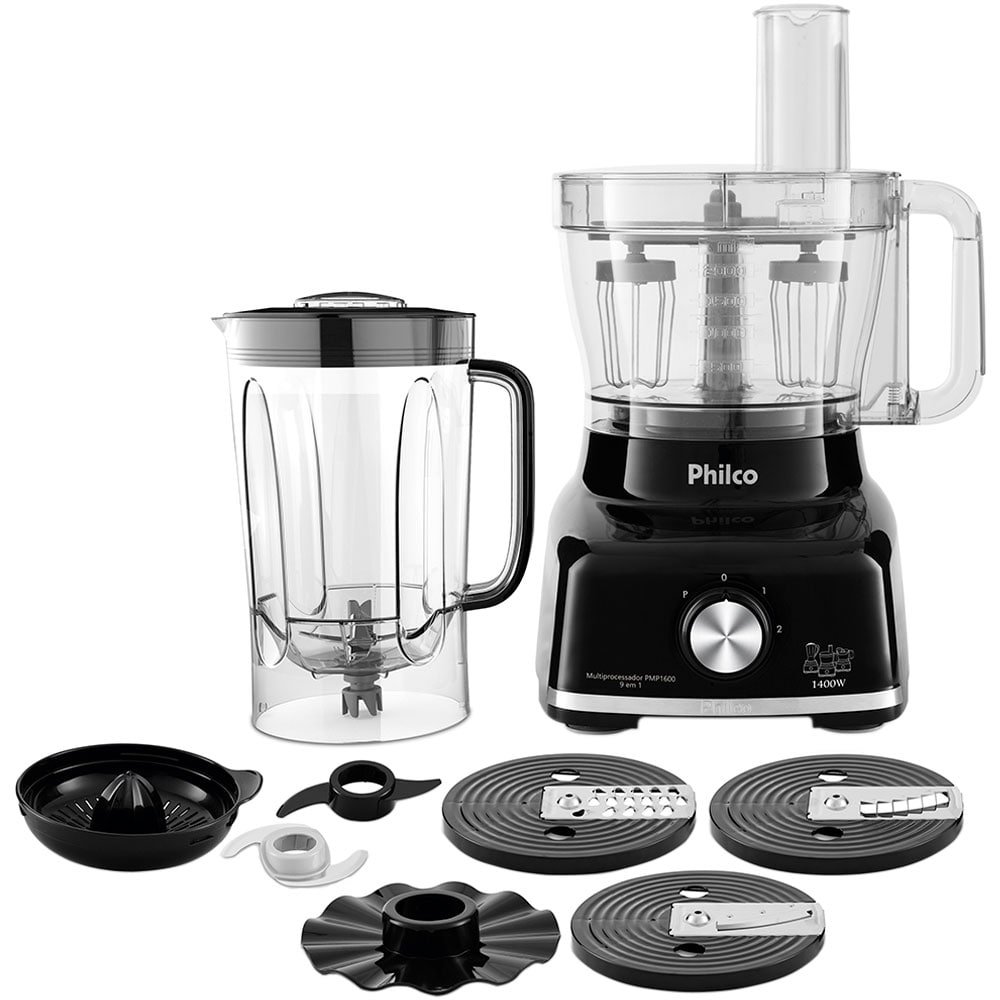 Processador de Alimentos Philco PMP1600P - 2 Velocidades + Pulsar, 1400W, Preto, 110V