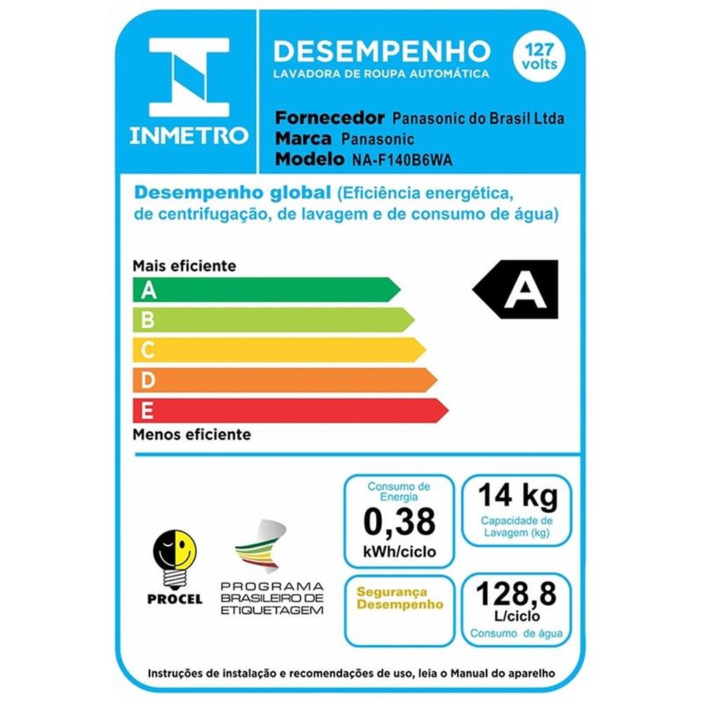 Máquina de Lavar Roupas 14kg Panasonic NA-F140B6W, com Sistema Ciclone, Branca, 110V