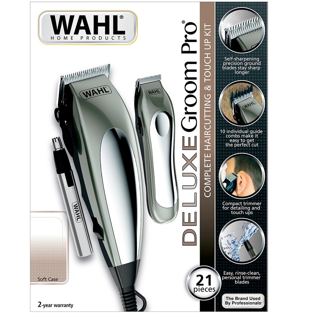 Kit Máquina de Cortar Cabelo Wahl + Aparador de Pêlos de Luxe - Groom Pro com 8 Pentes de Corte 110V