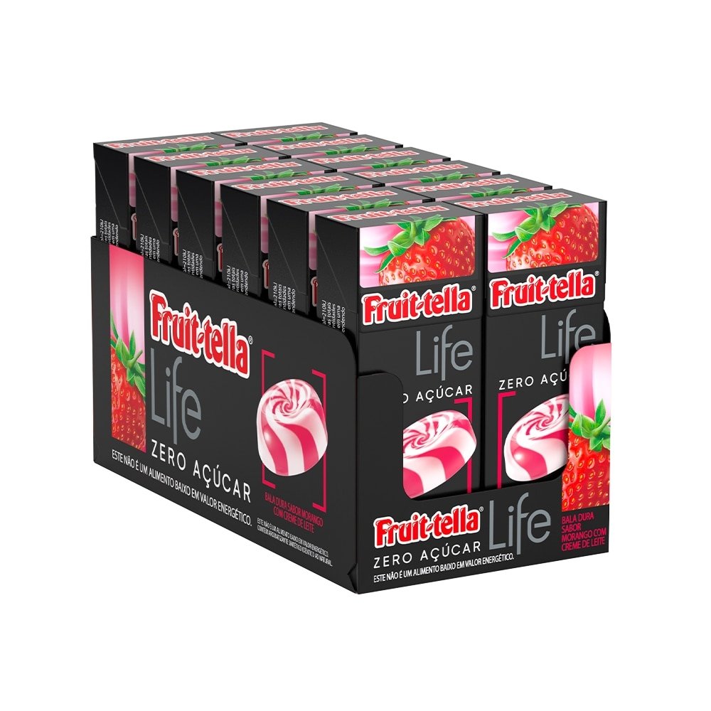 Bala Fruit-tella Life Zero Açúcar Strawberry Cream Embalagem com 12 Unidades