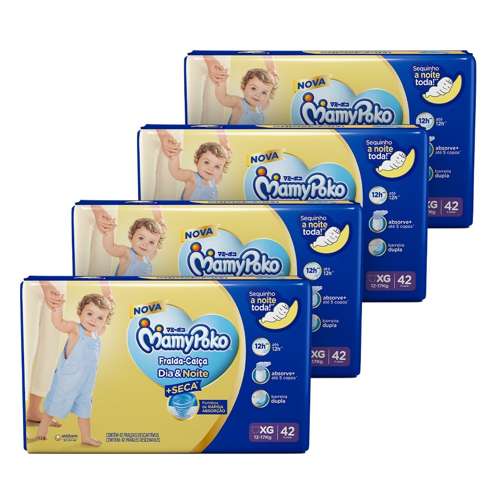 Fralda Descartável MamyPoko Calça Dia & Noite Hiper Tamanho XG - 4 Pacotes com 42 Fraldas - Total 168 Tiras