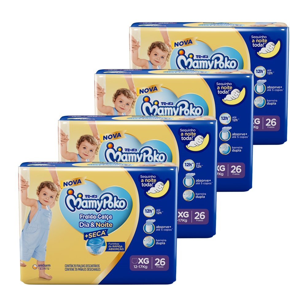 Fralda Descartável MamyPoko Calça Dia & Noite Jumbo Tamanho XG - 4 Pacotes com 26 Fraldas - Total 104 Tiras
