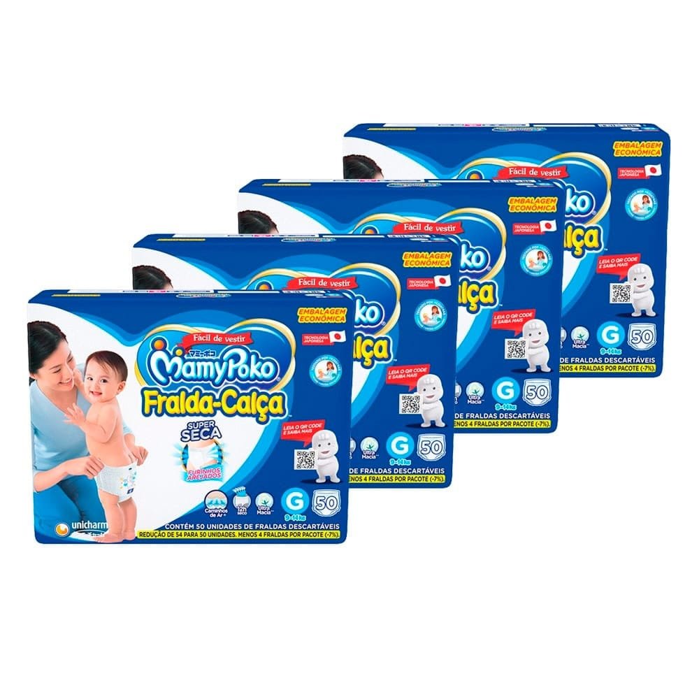 Fralda Descartável MamyPoko Calça Hiper Tamanho G - 4 Pacotes com 50 Fraldas - Total 200 Tiras