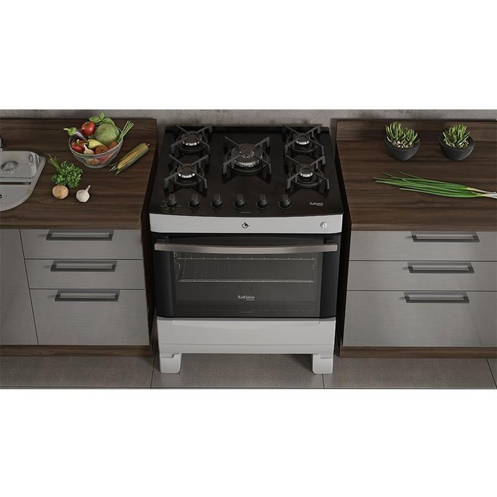 Fogão de Piso Itatiaia 5 Bocas Vitrum, Mesa de Vidro, Acendimento Automático, Branco, Bivolt