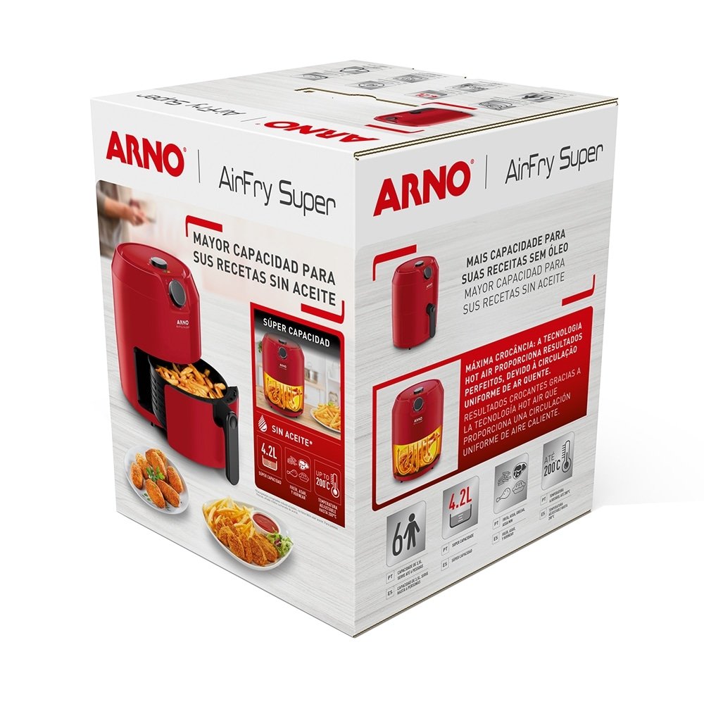 Fritadeira Air Fryer Arno Super RFry 1400W Cesta 4,2L, Temperatura de Até 200C, Vermelha 110V