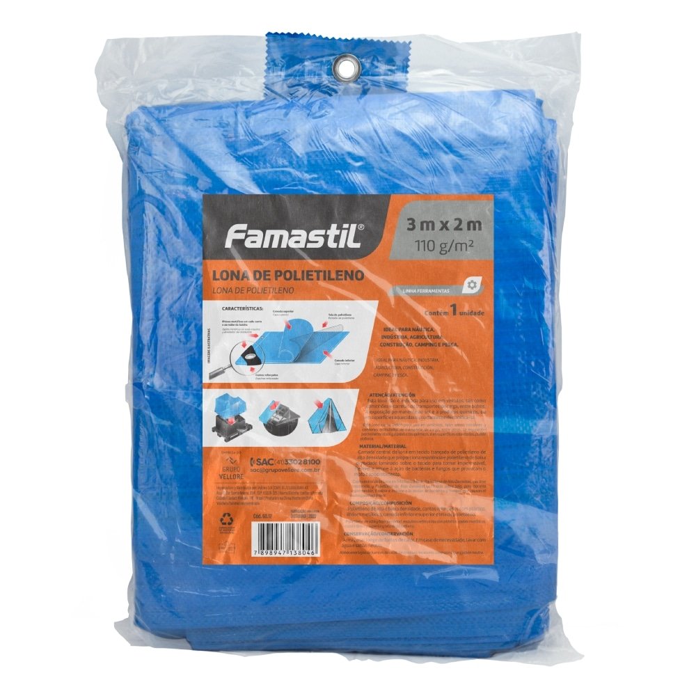 Lona Plástica Azul Famastil  com Ilhos Cantos Reforçados 3mx2m