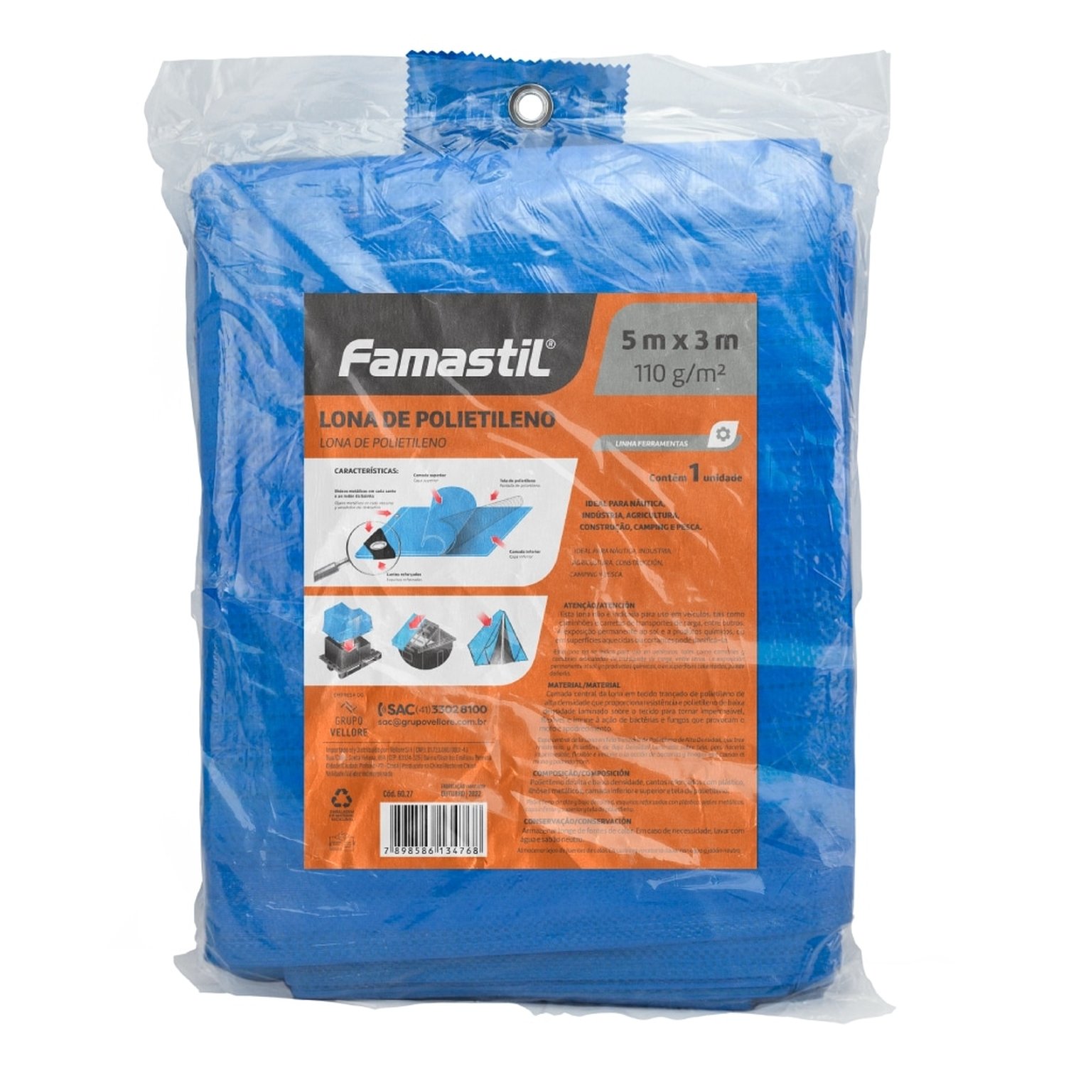 Lona Plástica Azul Famastil com Ilhos Cantos Reforçados 5x3M