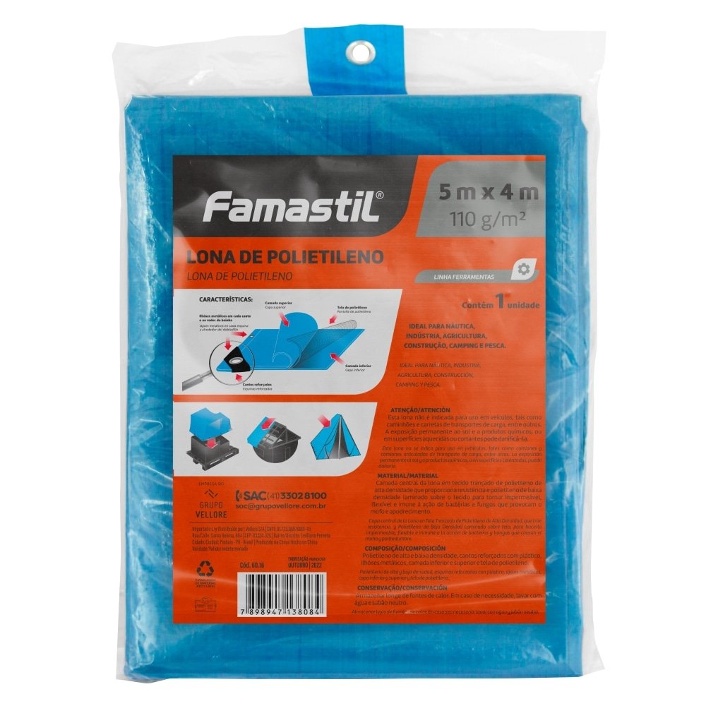 Lona Plástica Azul Famastil  com Ilhos Cantos Reforçados 5mx4m