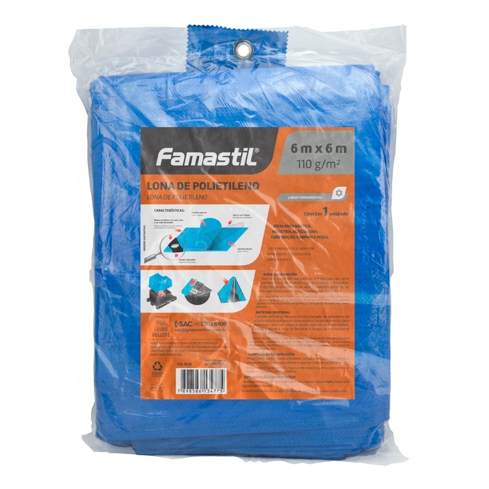Lona Plástica Azul Famastil com Ilhos Cantos Reforçados 6mx6m