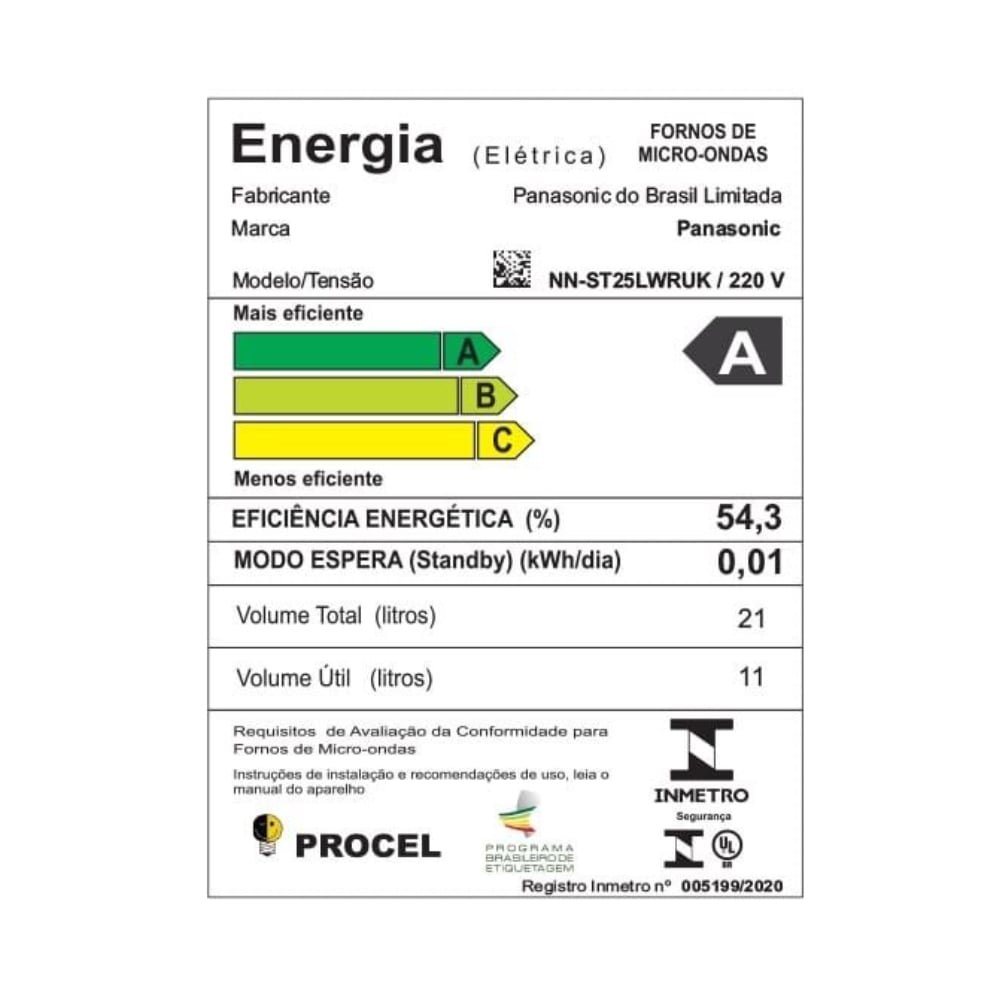 Micro-ondas Panasonic 21 Litros NN-ST25LWRUN, Branco, 220V