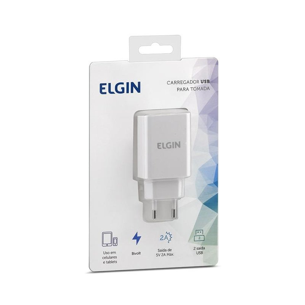 Carregador USB Elgin 46RCT2U Para Tomada, 2 Saídas USB, 10W, Branco, Bivolt