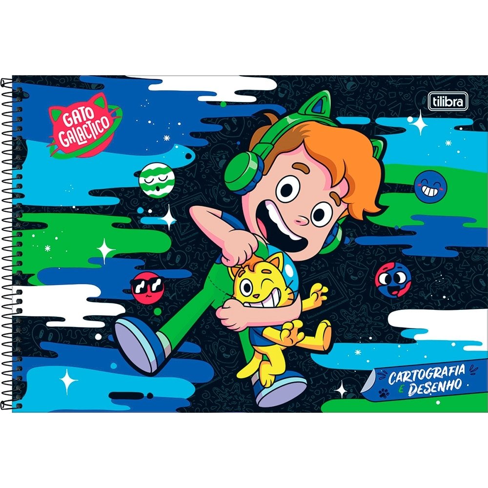 Caderno Espiral Tilibra Cartografia Capa Dura Sem Seda Gato Galáctico 80 Folhas - Embalagem com 4 Unidades (Sortidos)