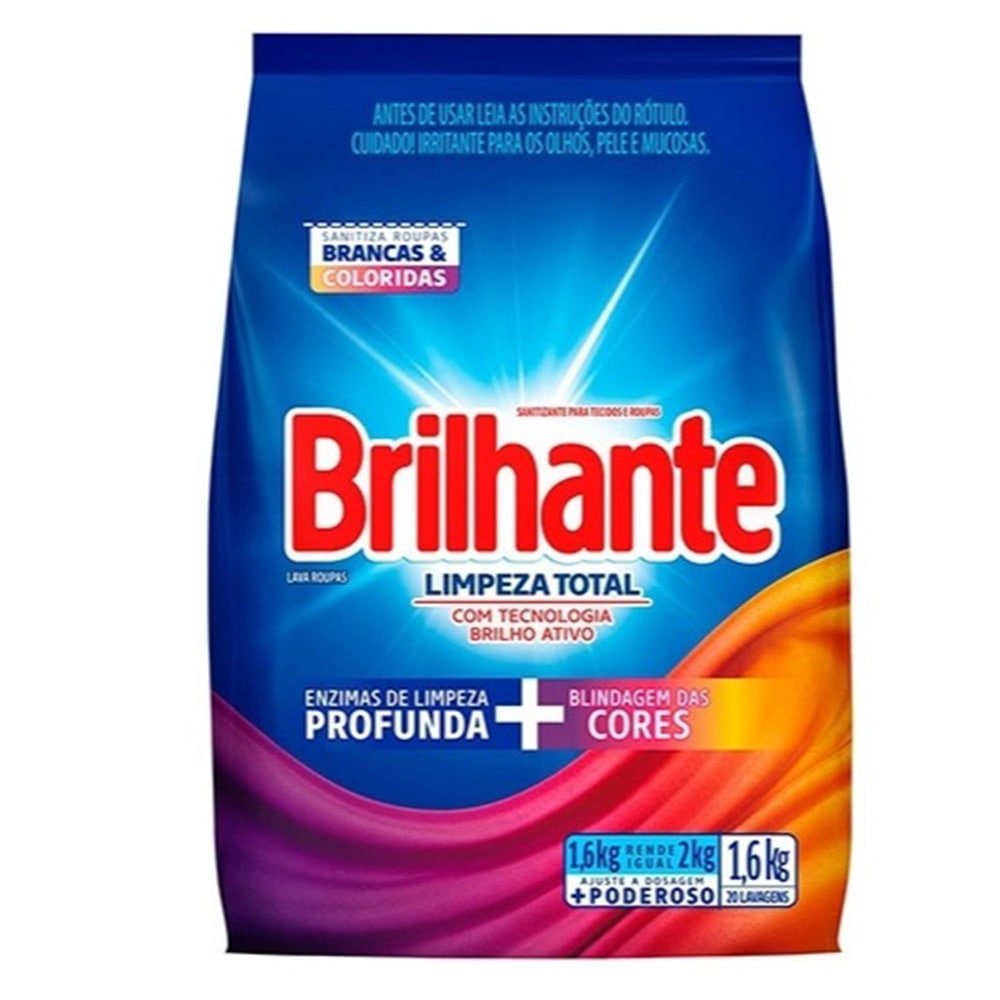 Sabão em Pó Brilhante Limpeza Total 1,6Kg Embalagem com 7 Unidades