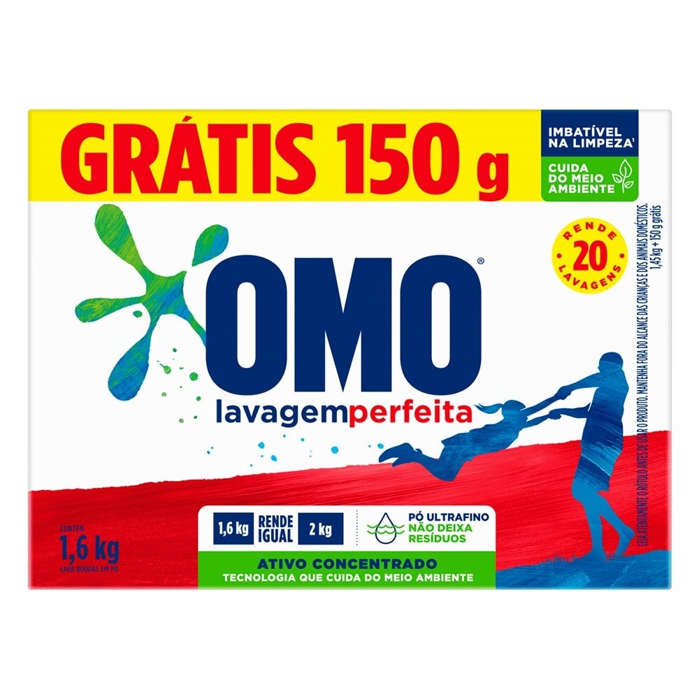 Sabão em Pó Omo Lavagem Perfeita Cartucho Leve 1,6kg Pague 1,450kg - Embalagem com 9 Unidades