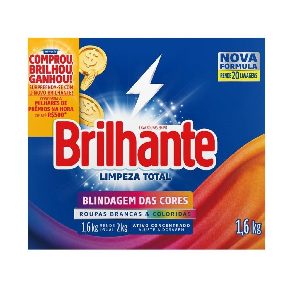 Sabão em Pó Brilhante Limpeza Total 1,6kg Embalagem com 9 Unidades
