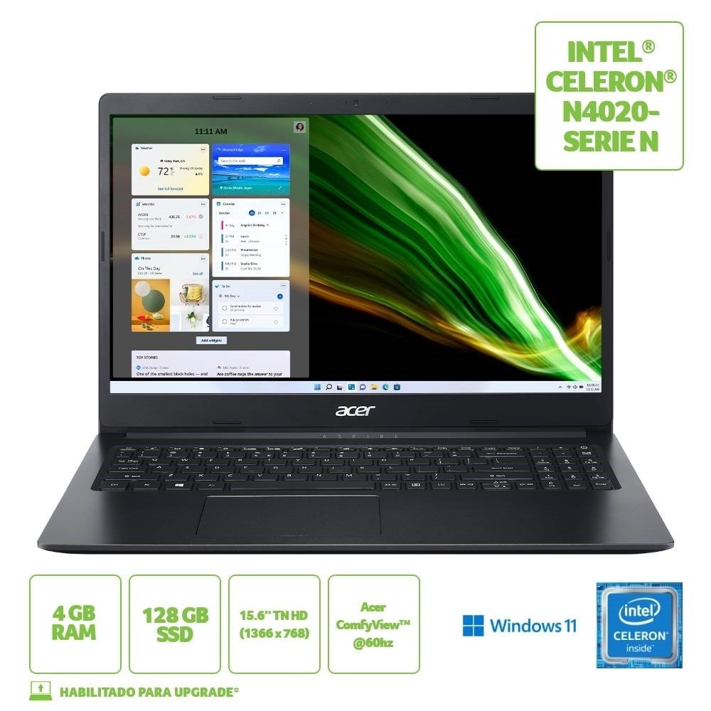 Notebook Acer Aspire 3, Tela de 15.6", Intel Celeron, SSD 128GB, 4GB RAM, Windows 11, Preto