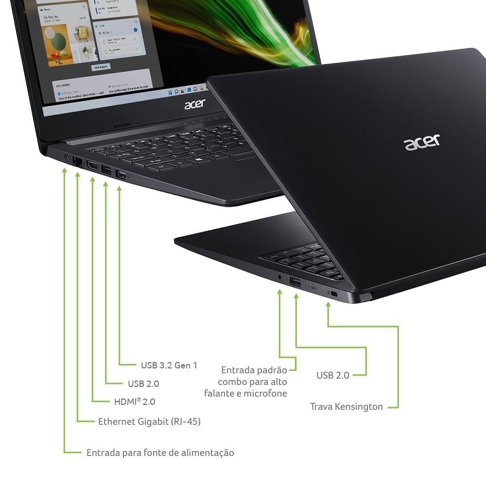 Notebook Acer Aspire 3, Tela de 15.6", Intel Celeron, SSD 128GB, 4GB RAM, Windows 11, Preto
