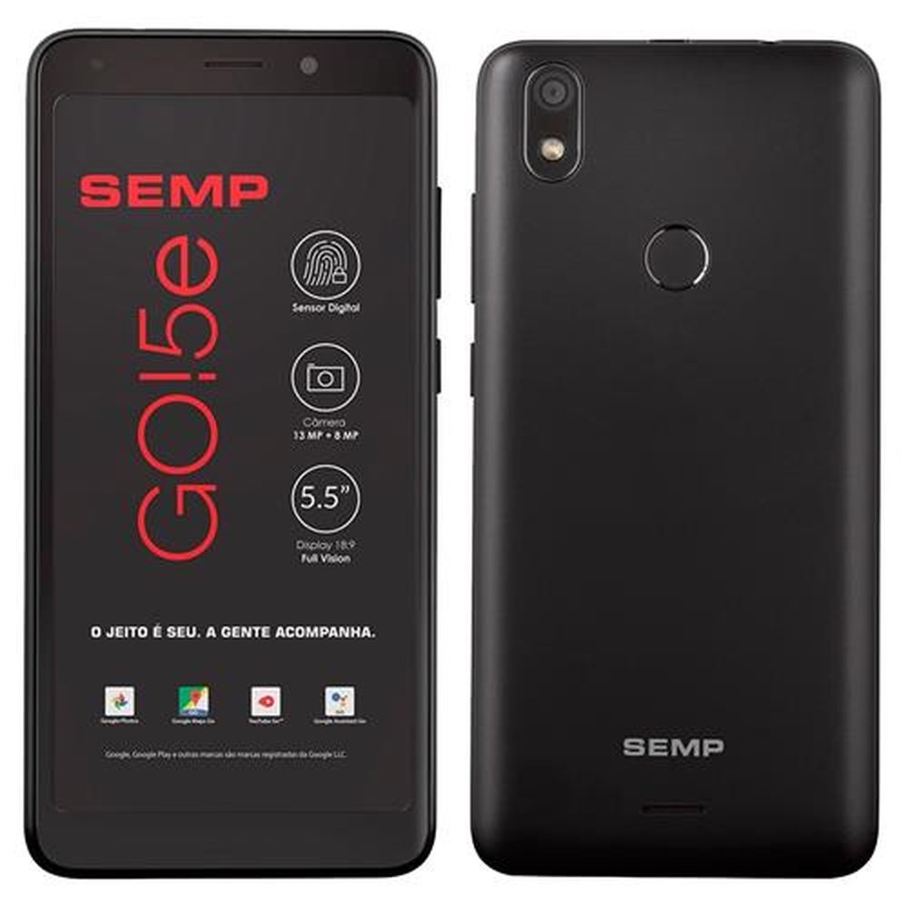 Smartphone Semp GO! 5e, Preto, Tela 5,5", 4G+Wi-Fi, Android, Câm Traseira 13MP e Frontal 8MP, 16GB