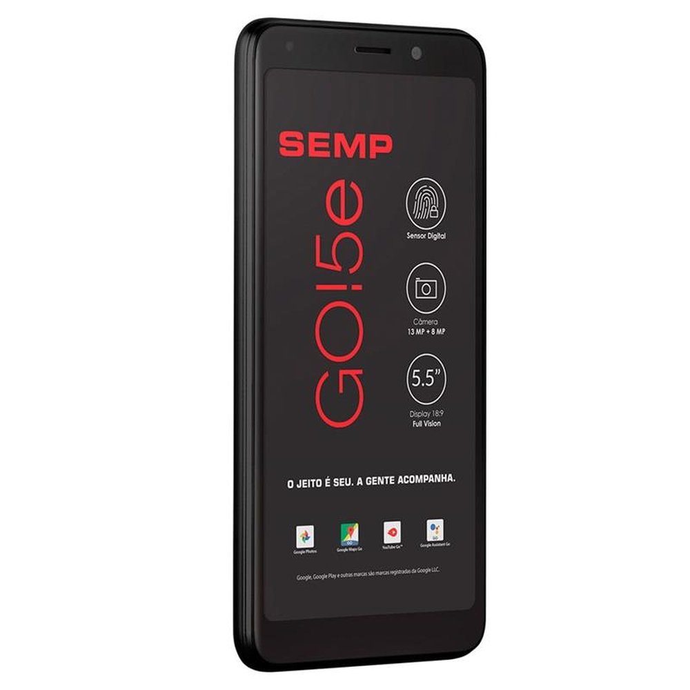 Smartphone Semp GO! 5e, Preto, Tela 5,5", 4G+Wi-Fi, Android, Câm Traseira 13MP e Frontal 8MP, 16GB