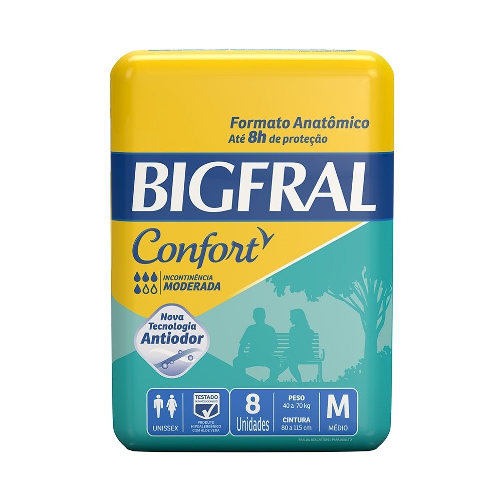 Fralda Descartável Geriátrica/Adulto Bigfral Confort Média 64 Tiras (8 Embalagens c/ 8 Tiras)