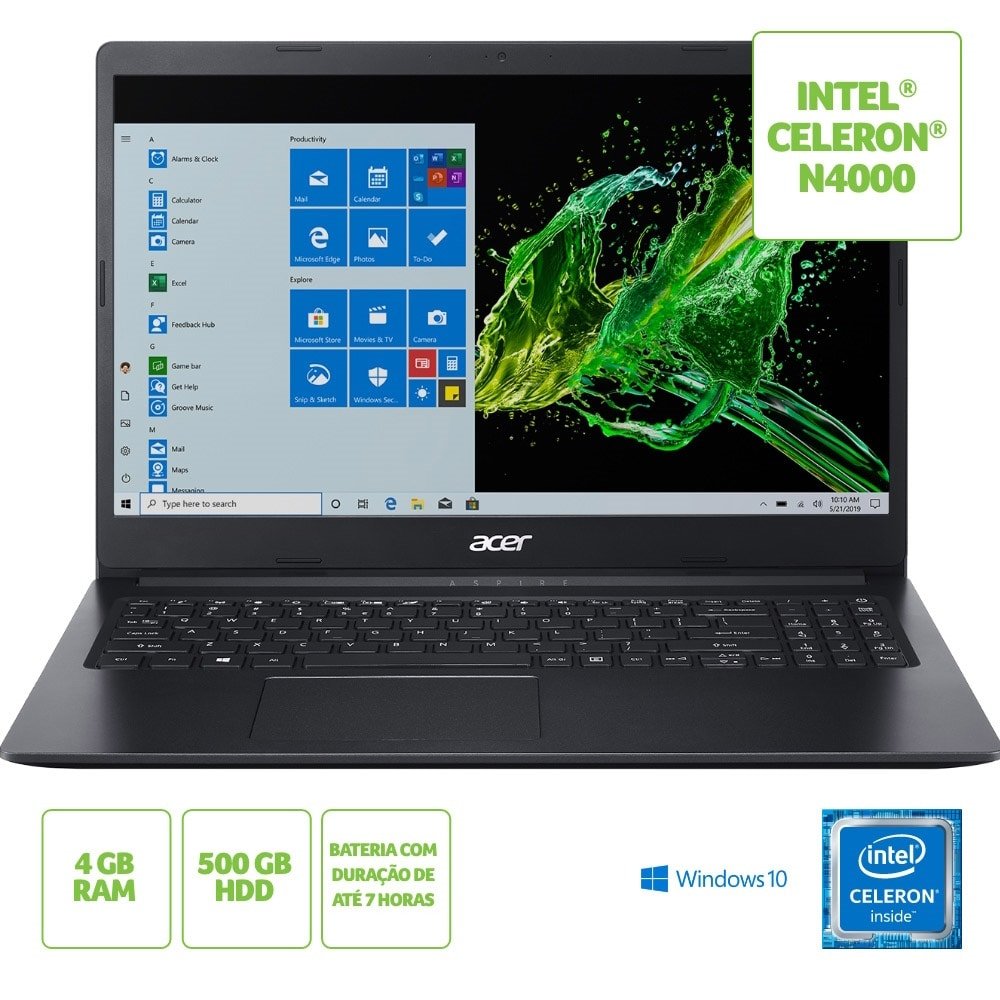 Notebook Acer Aspire 3, Intel Celeron N4000, 4GB, 500GB, Tela 15.6",Placa de Vídeo Intel HD Graphics 600,Windows 10 Home, Pret