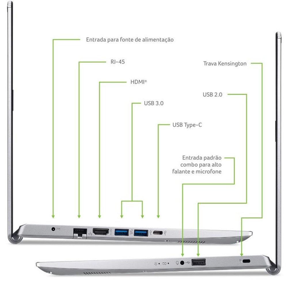Notebook Acer Aspire 5, Prata, Tela de 14", Core I3, 8GB RAM, 512GB SSD, Windows 10