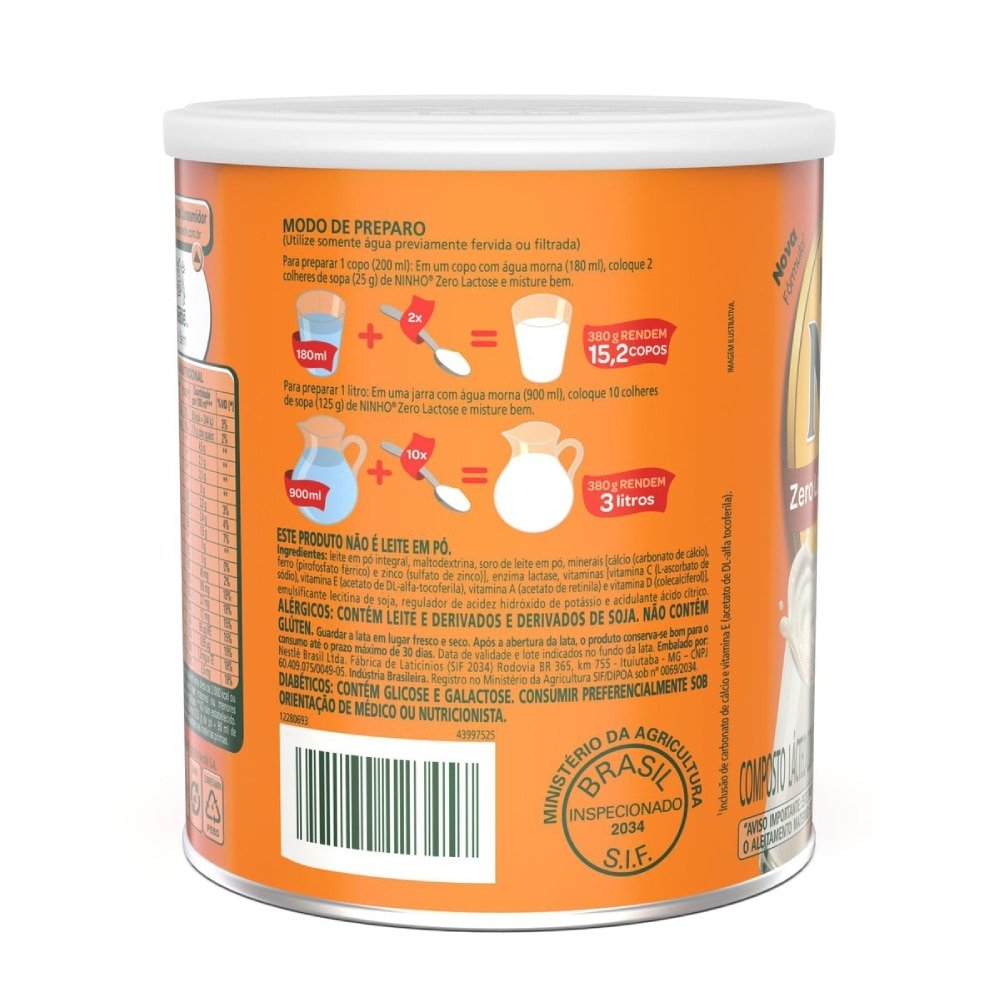 Leite em Pó Ninho Zero Lactose 380g - Embalagem com 24 Unidades