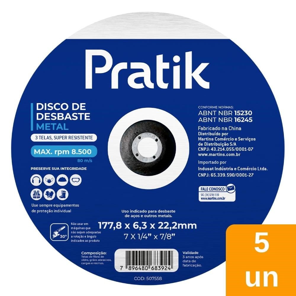 Disco de Desbaste Pratik 178mm 7 x 1/4 x 7/8 Embalagem com 5 Unidades