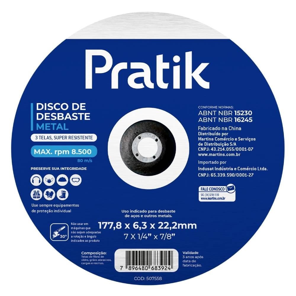 Disco de Desbaste Pratik 178mm 7 x 1/4 x 7/8 Embalagem com 5 Unidades