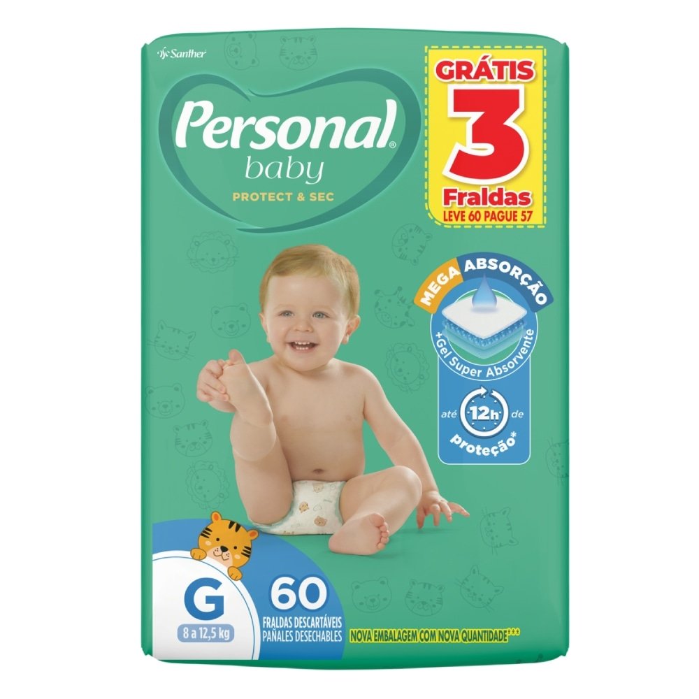 Fralda Descartável Personal Soft & Protect Hiper Tamanho G - 4 Pacotes com 60 Fraldas