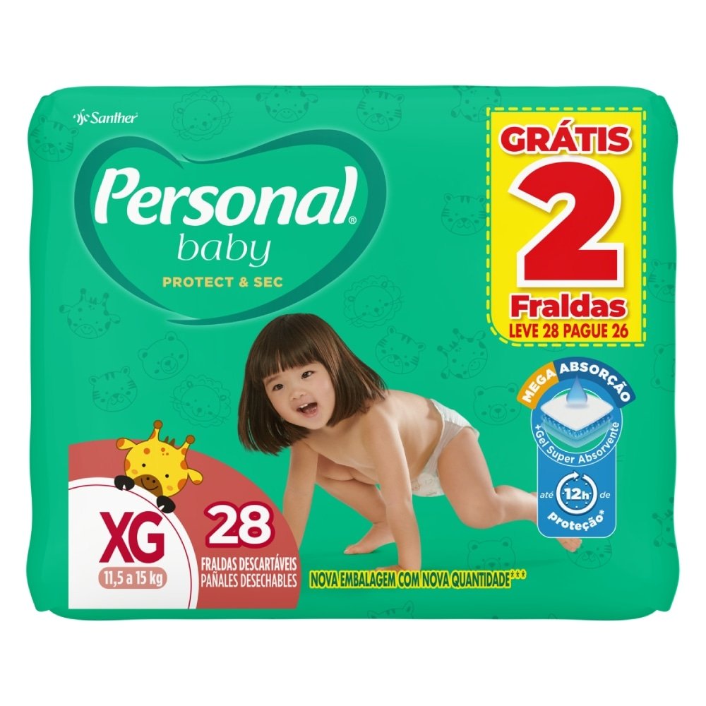 Fralda Descartável Personal Soft & Protect Mega Tamanho XG - 9 Pacotes com 28 Fraldas - Total 252 Tiras