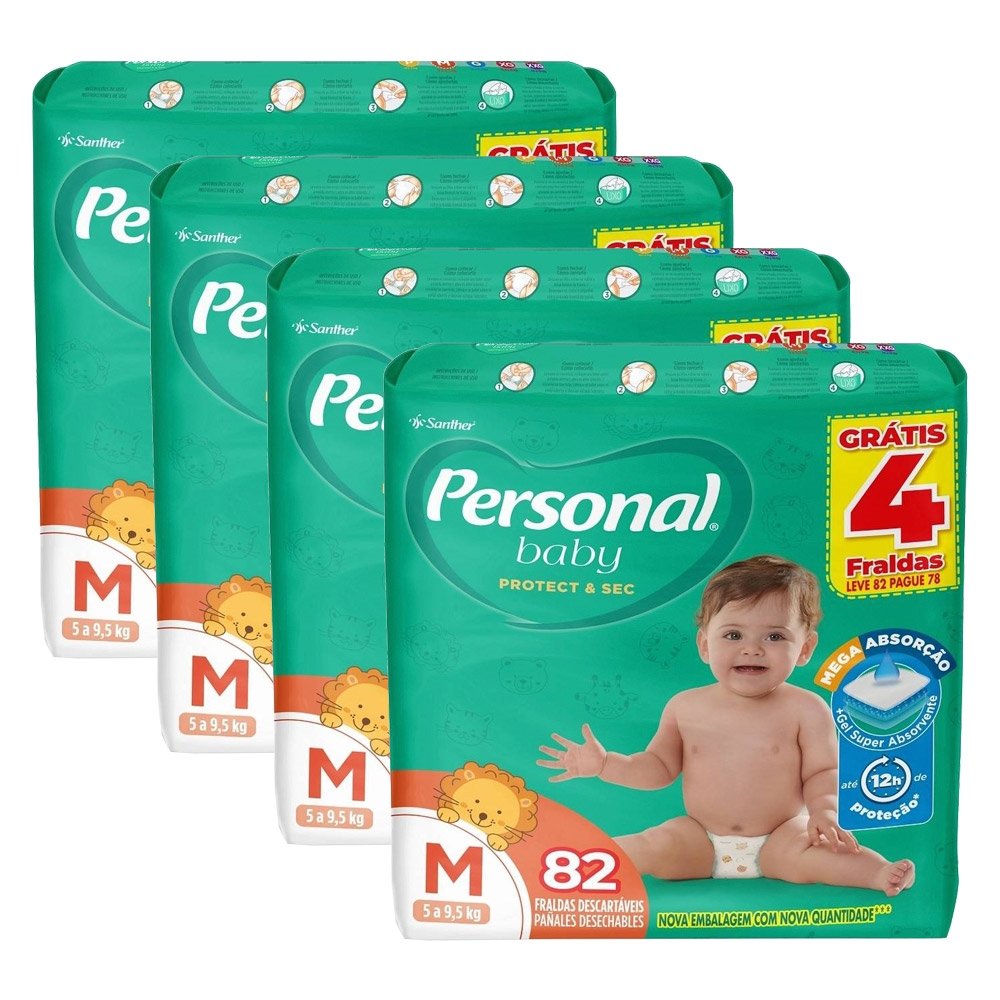 Fralda Descartável Personal Soft & Protect Tamanho M - 4 Pacotes com 82 Fraldas - Total 328 Tiras
