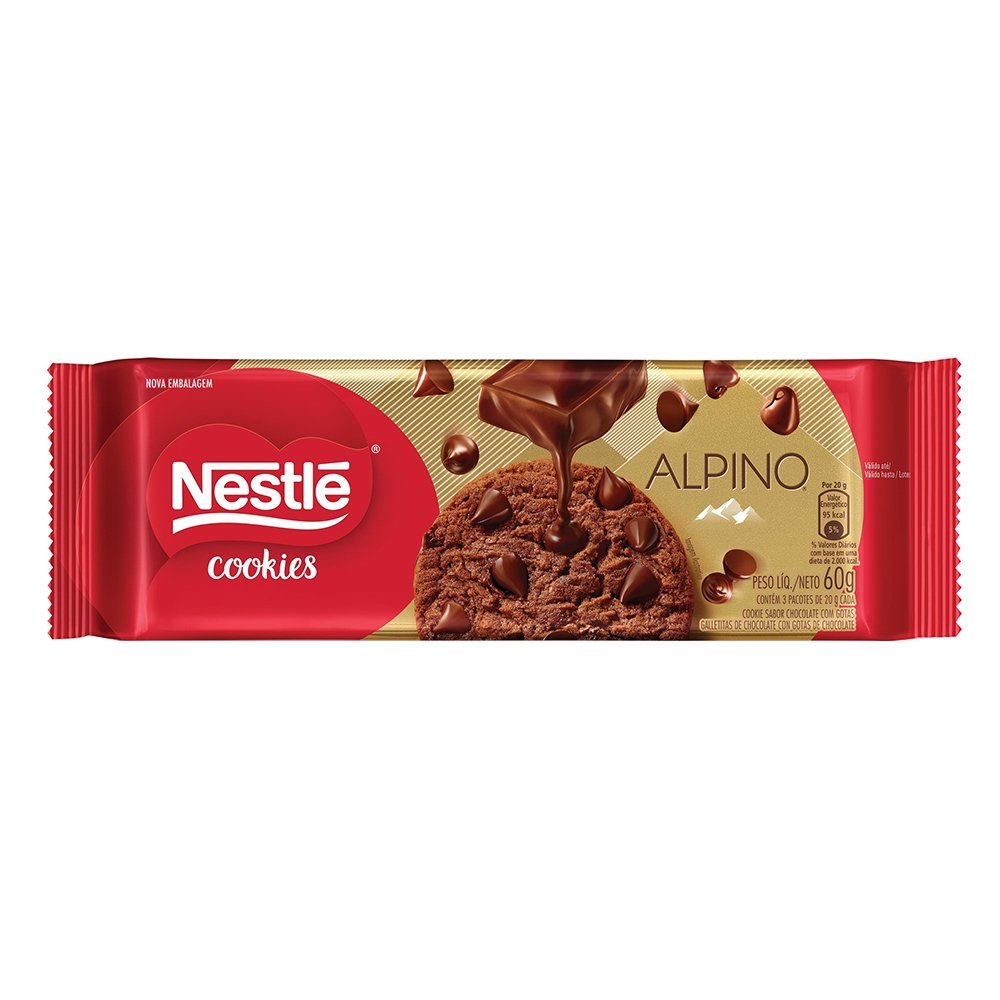 Cookie Alpino Gotas De Chocolate 60g - Embalagem com 52 Unidades