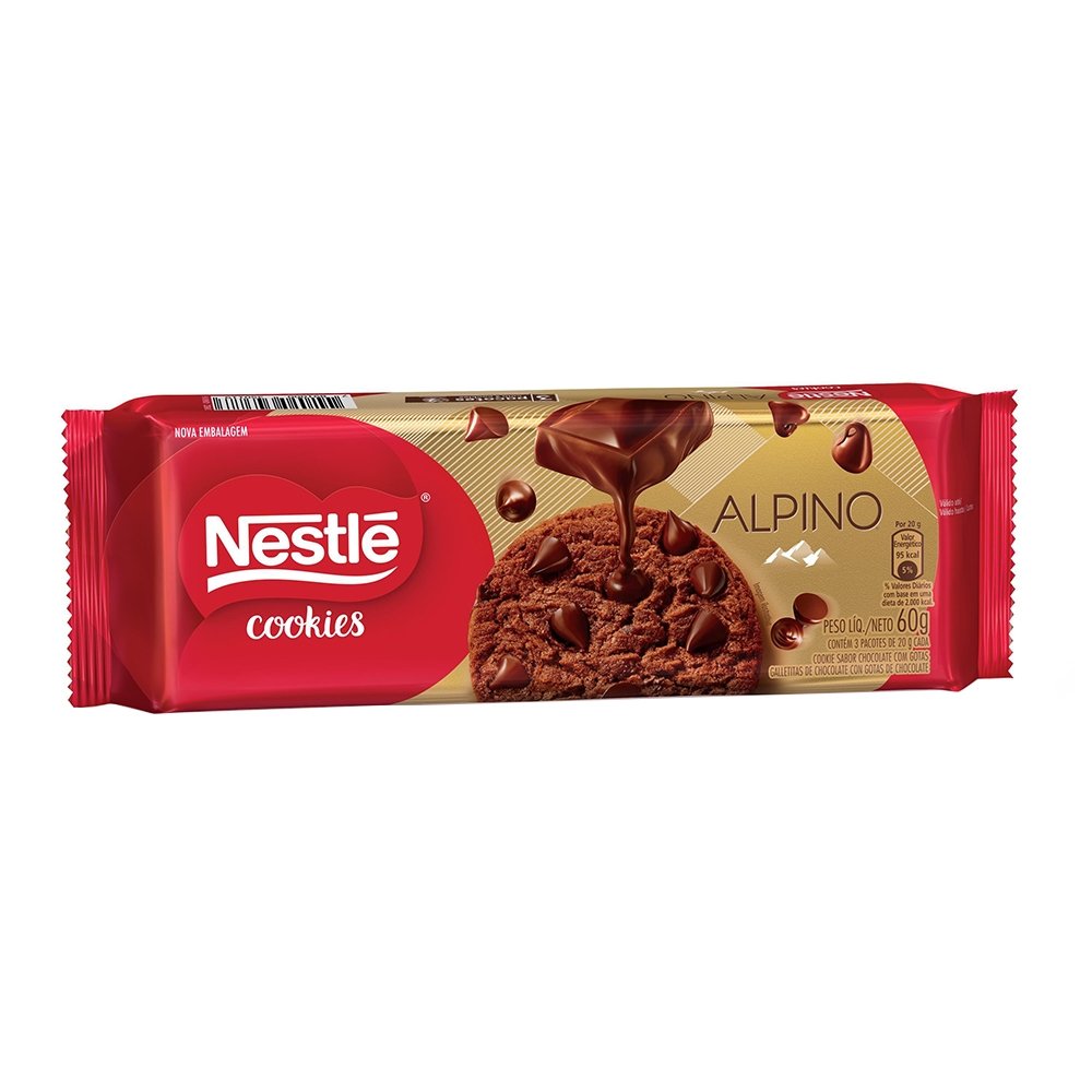 Cookie Alpino Gotas De Chocolate 60g - Embalagem com 52 Unidades